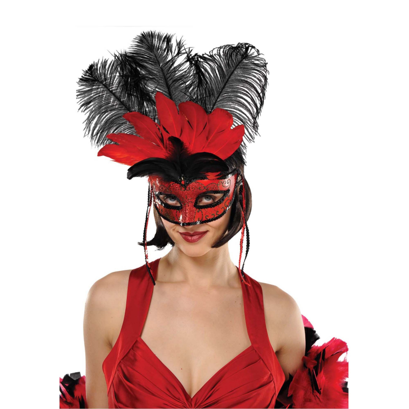 MASK - RED AND BLACK FEATHER 3 MASK - RED AND BLACK FEATHER