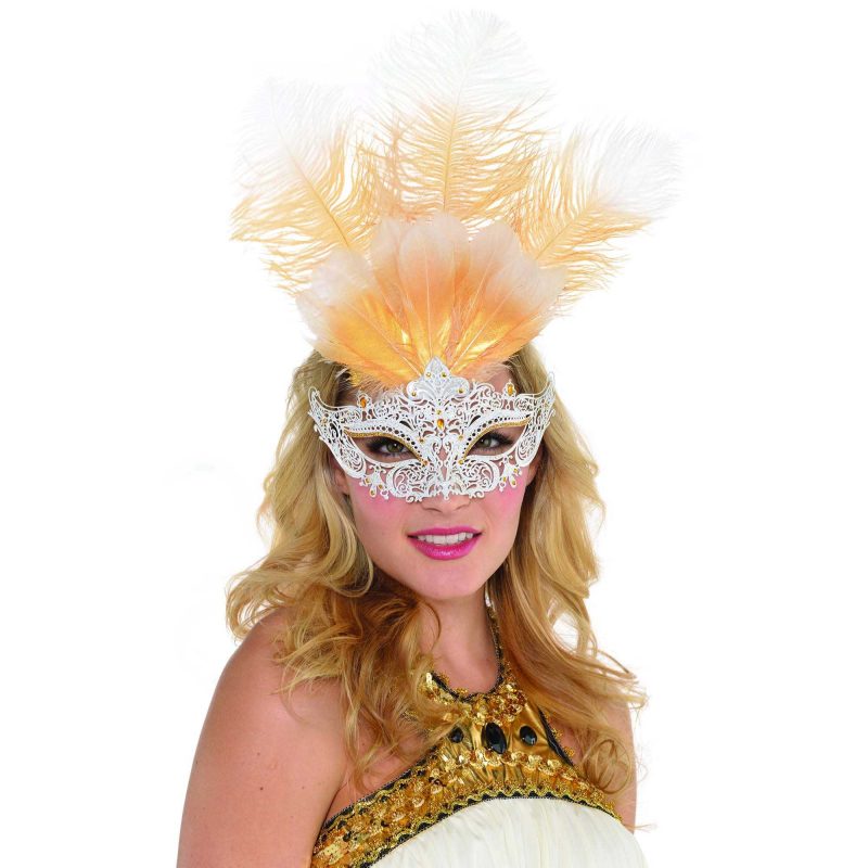 MASK - GOLD FEATHER & WHITE FILIGREE VENETIAN STYLE 3 MASK - GOLD FEATHER & WHITE FILIGREE VENETIAN STYLE