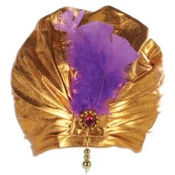 GOLD SULTAN TURBAN WITH RED RUBY & PURPLE FEATHER