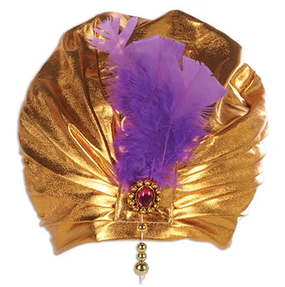 GOLD SULTAN TURBAN WITH RED RUBY & PURPLE FEATHER 3 GOLD SULTAN TURBAN WITH RED RUBY & PURPLE FEATHER