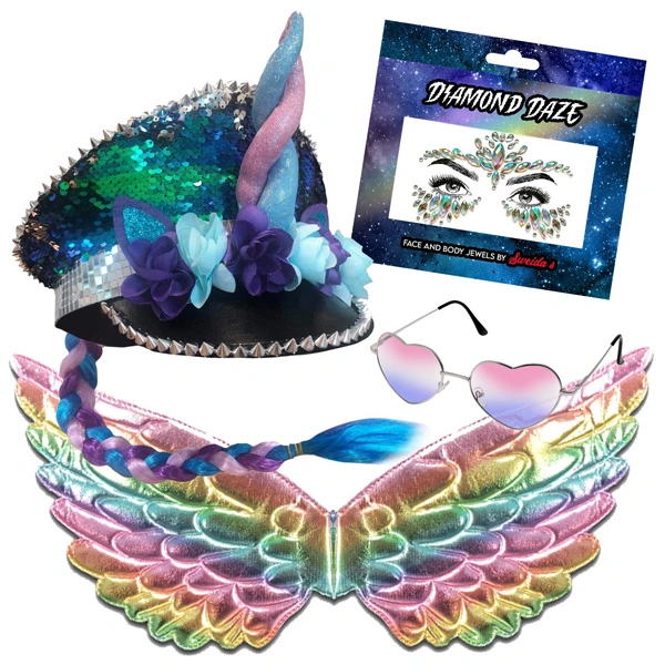 FESTIVAL HAT - SEQUINNED UNICORN PEGASUS 4 PIECE KIT 3 FESTIVAL HAT - SEQUINNED UNICORN PEGASUS 4 PIECE KIT