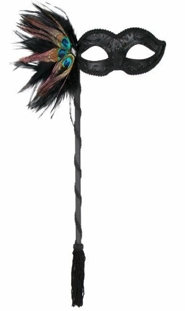 MASK - OSTRICH FEATHER BLACK LACE ON A STICK 3 MASK - OSTRICH FEATHER BLACK LACE ON A STICK