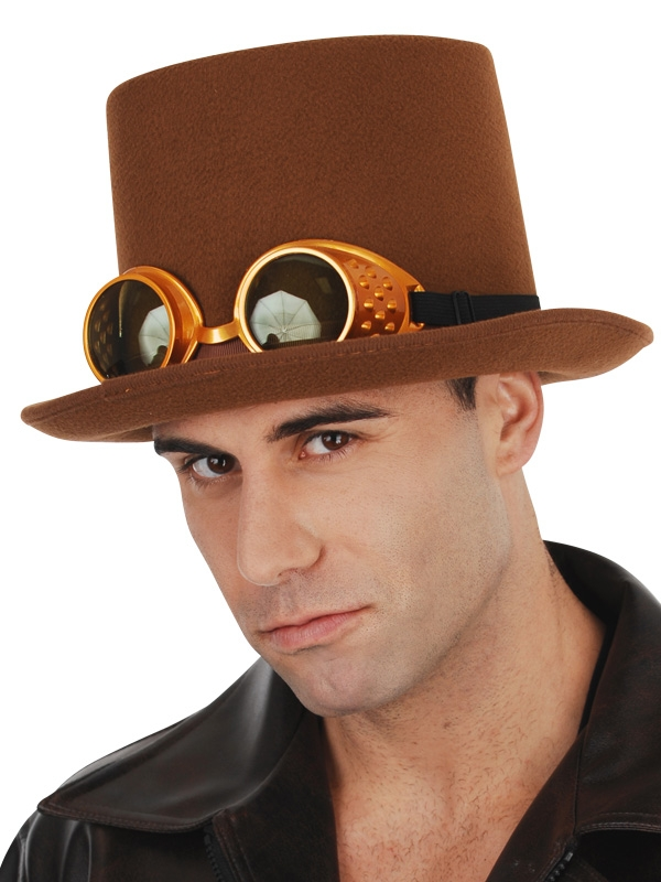 STEAM PUNK TOP HAT WITH GOGGLES - BROWN 3 STEAM PUNK TOP HAT WITH GOGGLES - BROWN