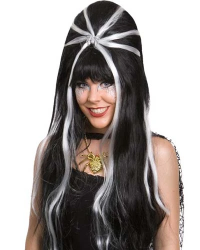 BEEHIVE WIG LONG BLACK WITH WHITE STRIPES & SILVER SPIDER 3 BEEHIVE WIG LONG BLACK WITH WHITE STRIPES & SILVER SPIDER