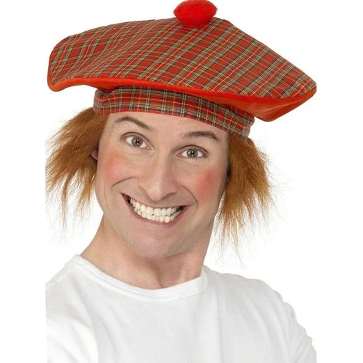 TAM O SHANTER TARTAN SCOTTISH HAT WITH ORANGE HAIR 3 TAM O SHANTER TARTAN SCOTTISH HAT WITH ORANGE HAIR